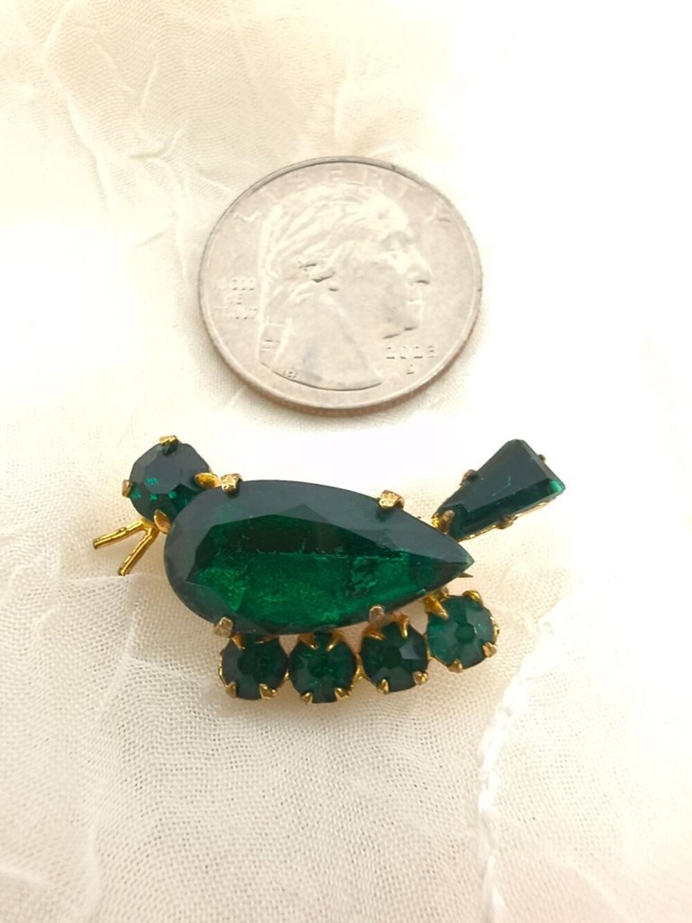 Vintage Signed CZCHO Green Duck Rhinestone Brooch With Glass Cabochon 1.25" - Picture 3 of 6